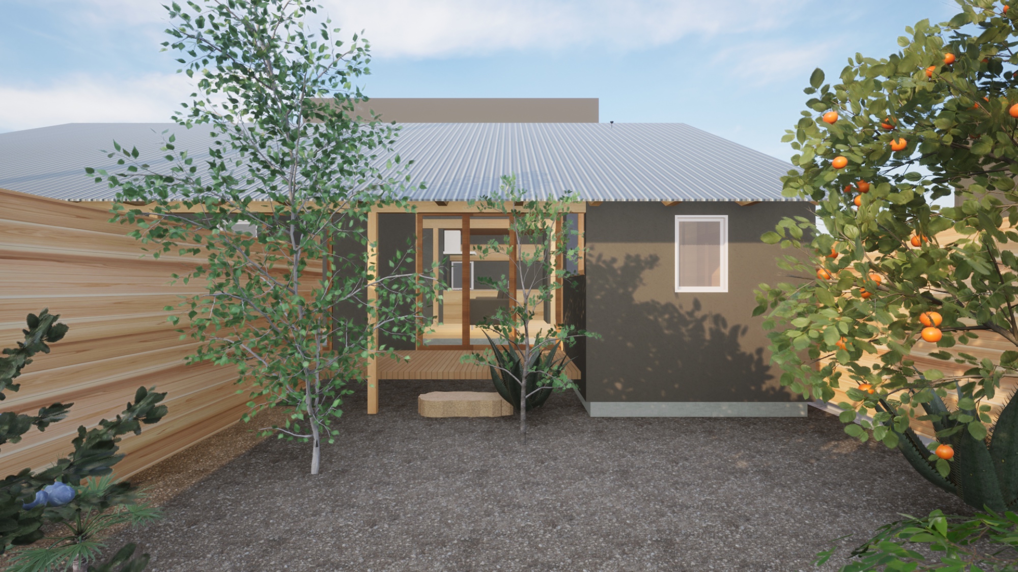 丹波市青垣町のガレージ付き平屋の外観、庭、テラス