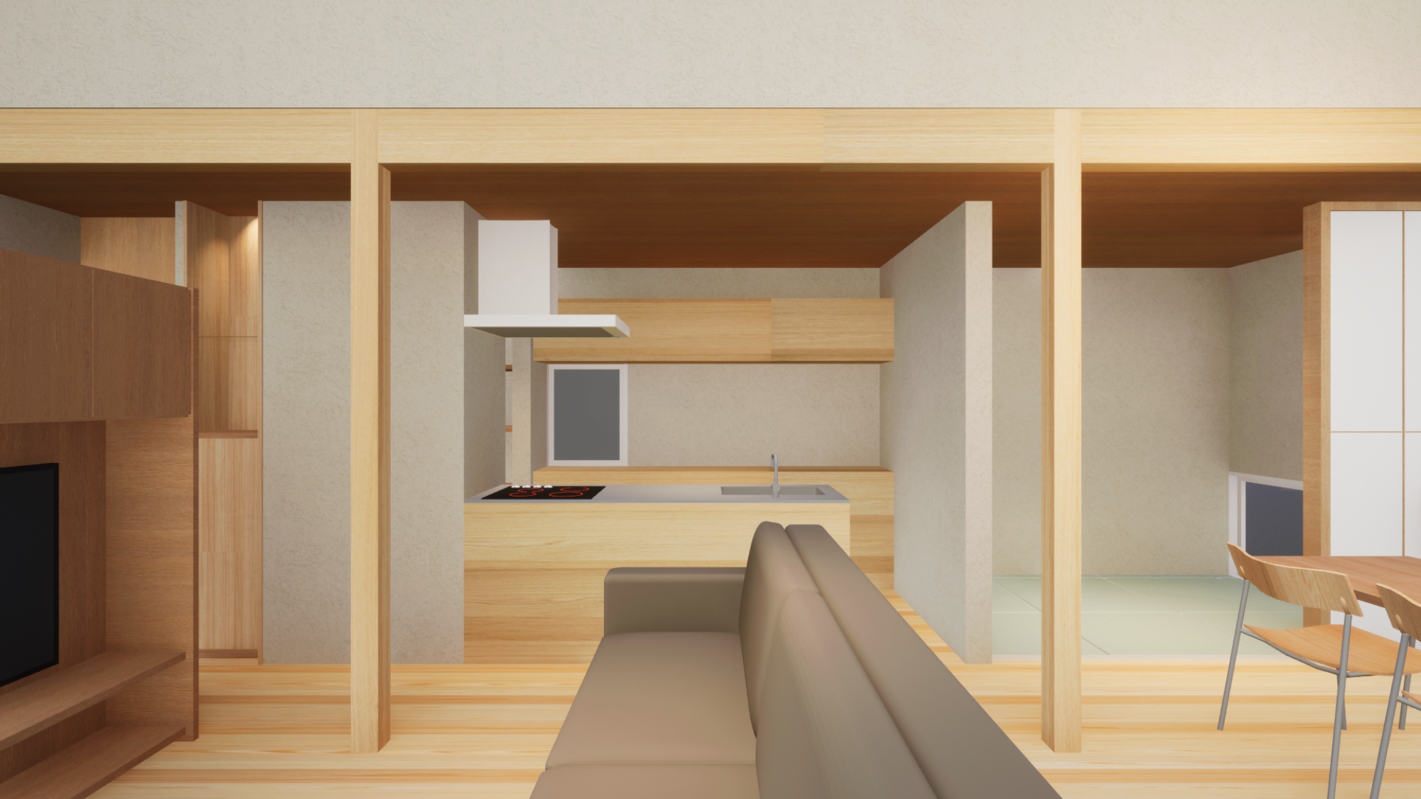 丹波市青垣町のガレージ付き木造平屋のLDK、リビング、ダイニング、キッチン、和室