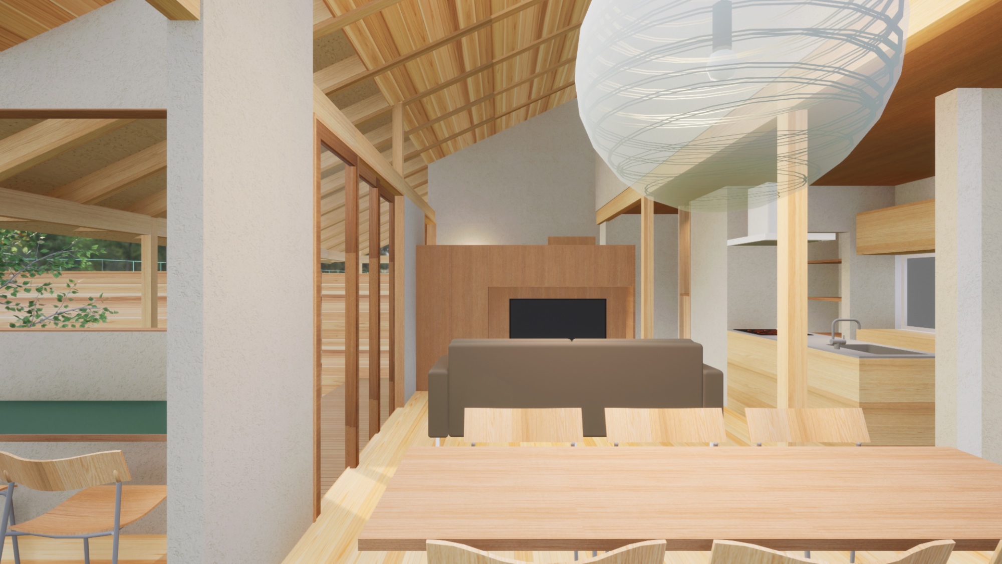 丹波市青垣町のガレージ付き木造平屋のLDK、リビング、ジャパンディ、照明