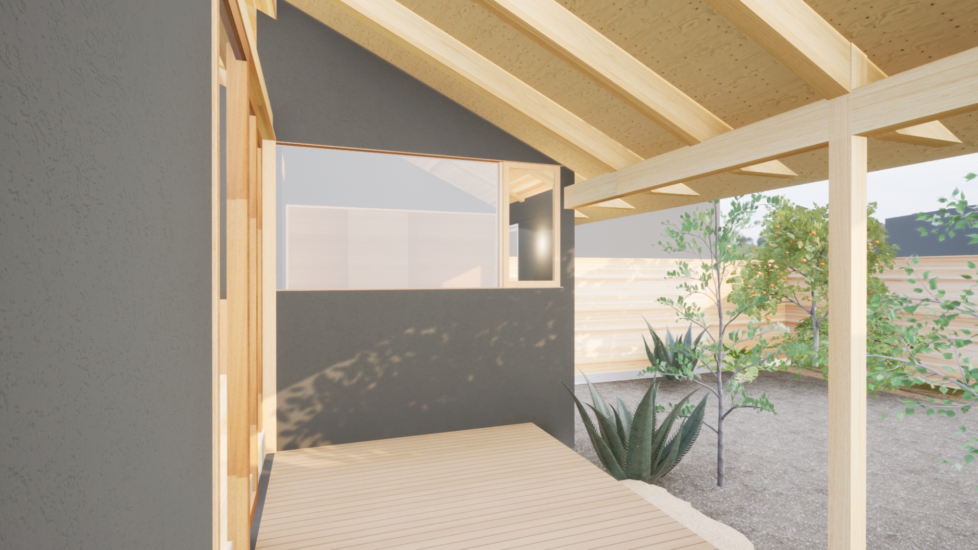 丹波市青垣町のガレージ付き木造平屋の庭、テラス