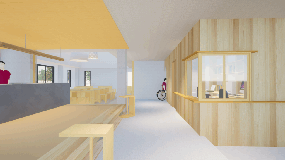 兵庫県丹波市青垣町のコミュニティ施設のリノベーションエントランスオフィス廊下