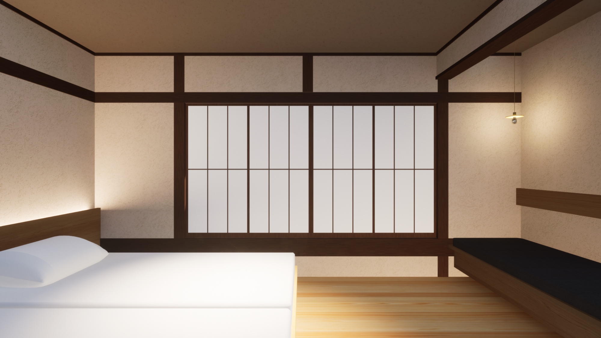 京都の町屋リノベーションによる一棟貸ホテルベッドルーム寝室