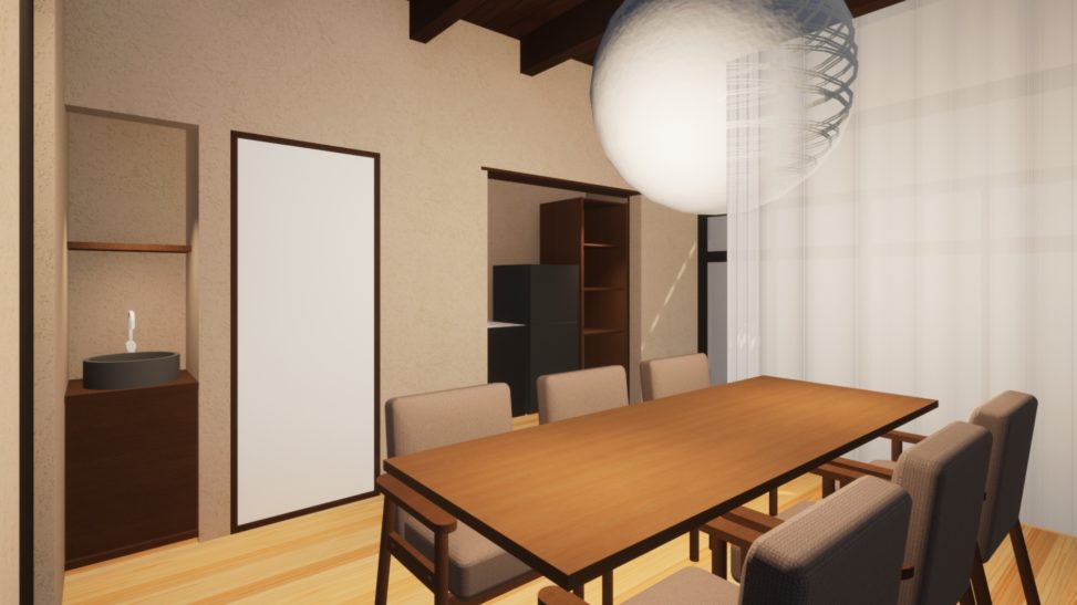 京都の町屋リノベーションによる一棟貸ホテルLDK ダイニングエントランス手洗い