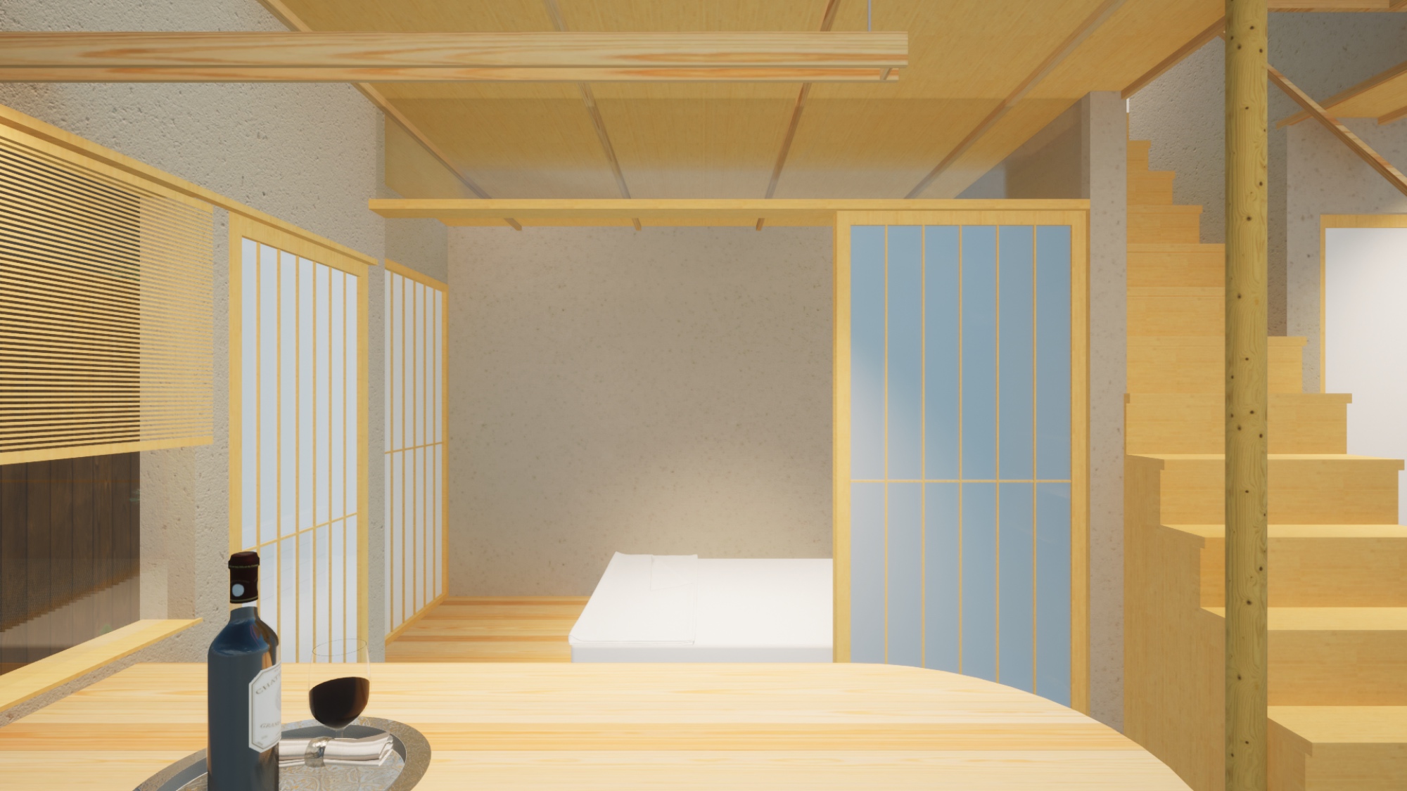 京都の古民家リノベーションによる一棟貸ホテル障子ベッドルーム