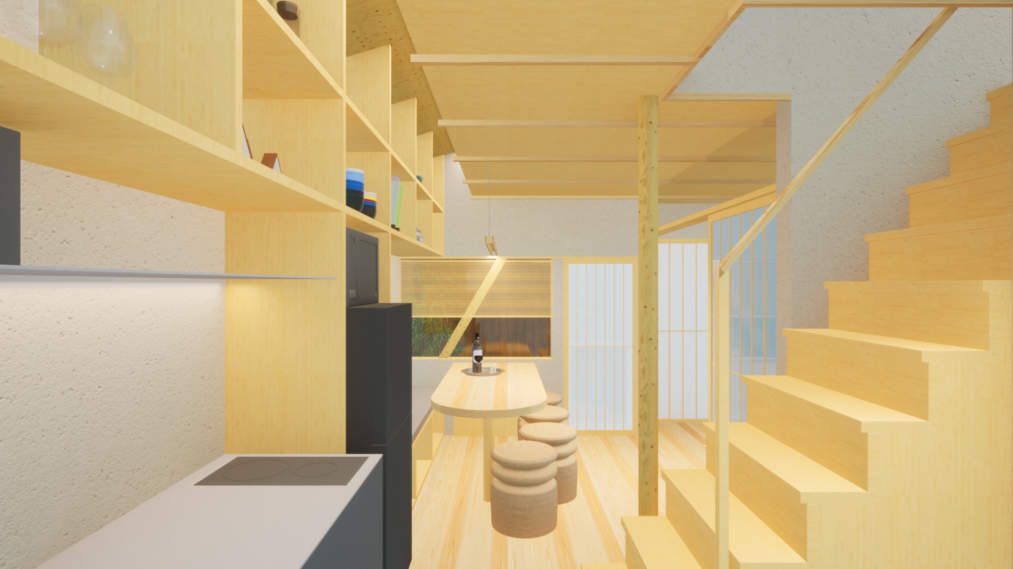 京都の古民家リノベーションによる一棟貸ホテル階段キッチンエントランス