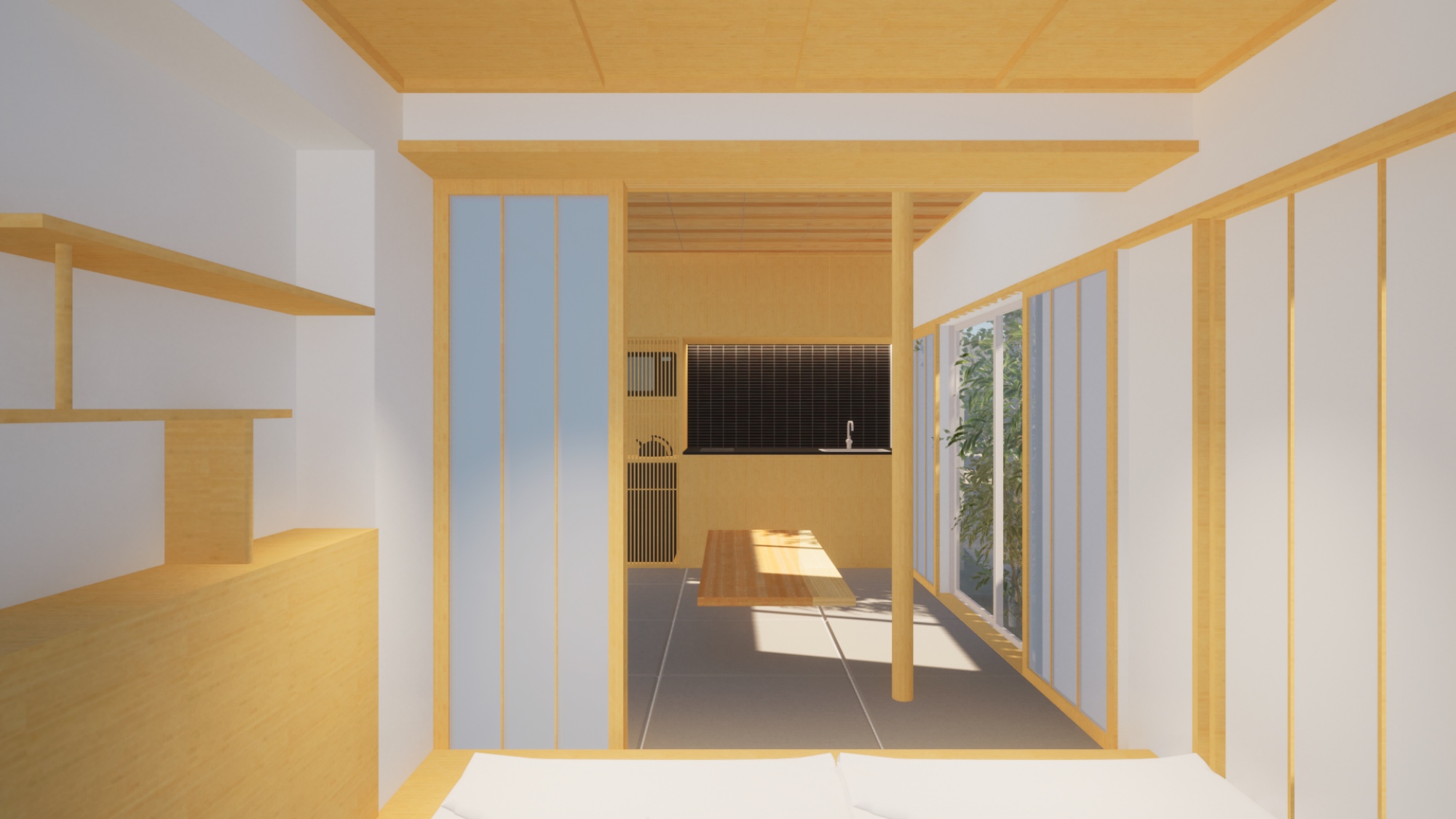 京都の古民家リノベーションによる一棟貸ホテル障子ベッドルーム格子天井